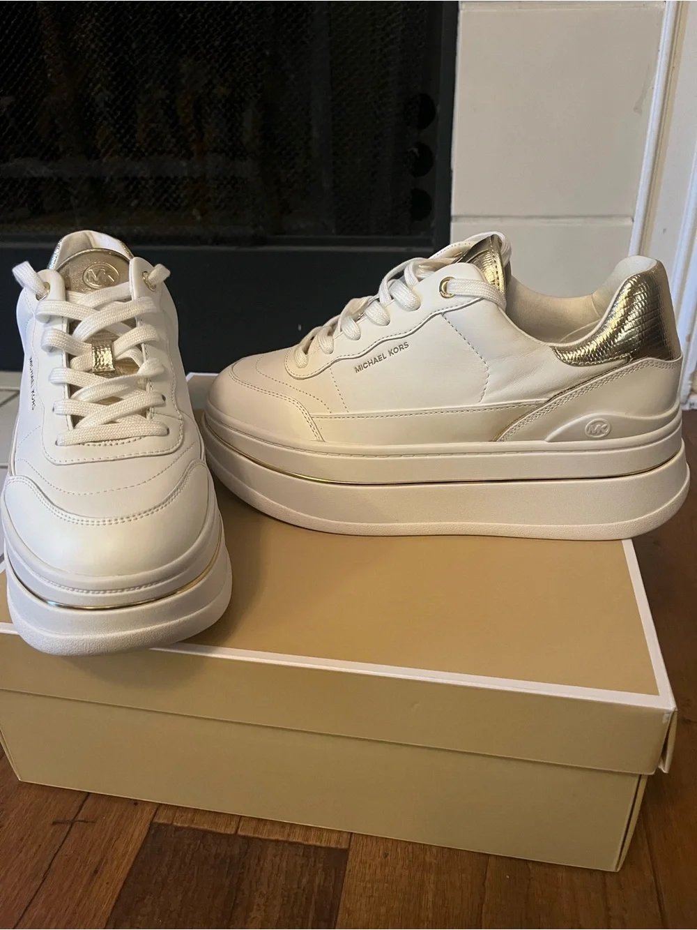Michael Kors White Platform Lace-Up Sneakers with Gold Accent